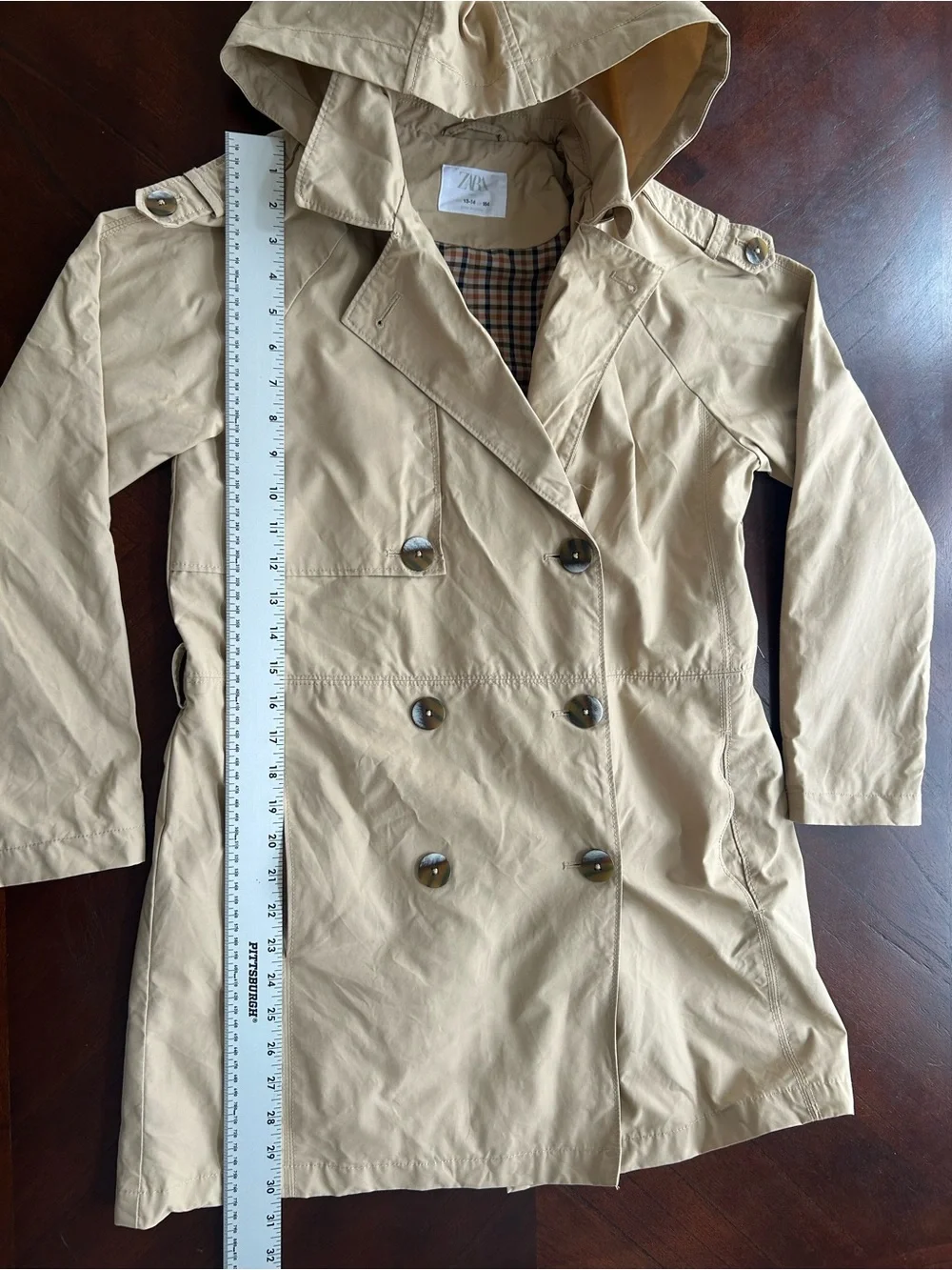 Zara Hooded Double-Breasted Trench Coat in Beige girl size 13-14